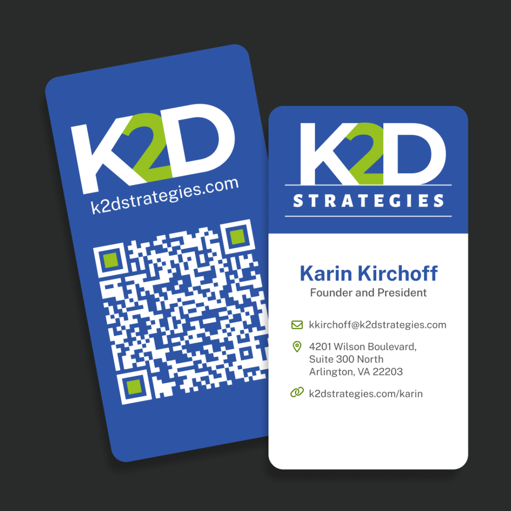 Photo of Karin Kirchoff's new business card with the new K2D Strategies brand