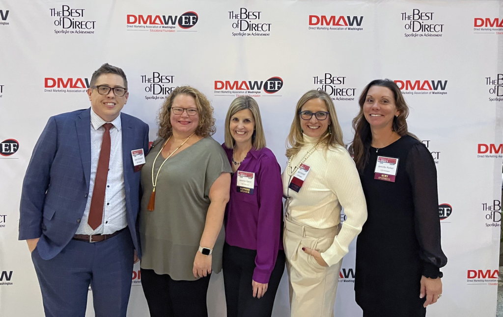 Photo of Jeph Christoff, Lori Archut, Jenn Deerr, Karin Kirchoff, and Jen Parker at DMAW's Best of Direct